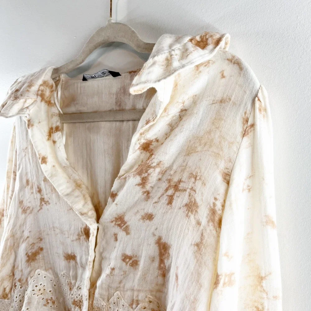 Zara Cream Tie-Dye Eyelet Lace Cropped Blouse